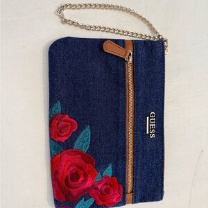 Guess Denim Clutch with Red Floral Accents